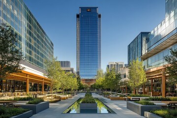 Fototapeta premium Modern urban landscape featuring a tall glass building and landscaped outdoor spaces.