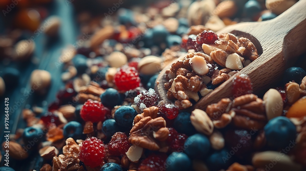 Poster nuts and candied fruits background : generative ai