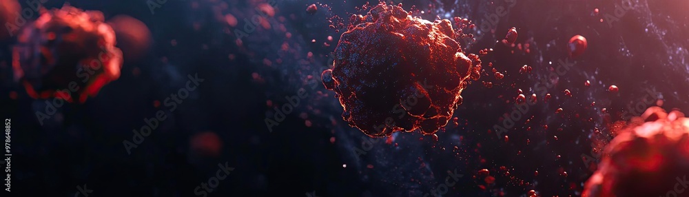 Poster abstract representation of cells in a dark and vibrant environment, showcasing intricate details and