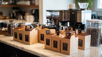 A variety of coffee subscription boxes displayed on a kitchen counter, each with different coffee blends