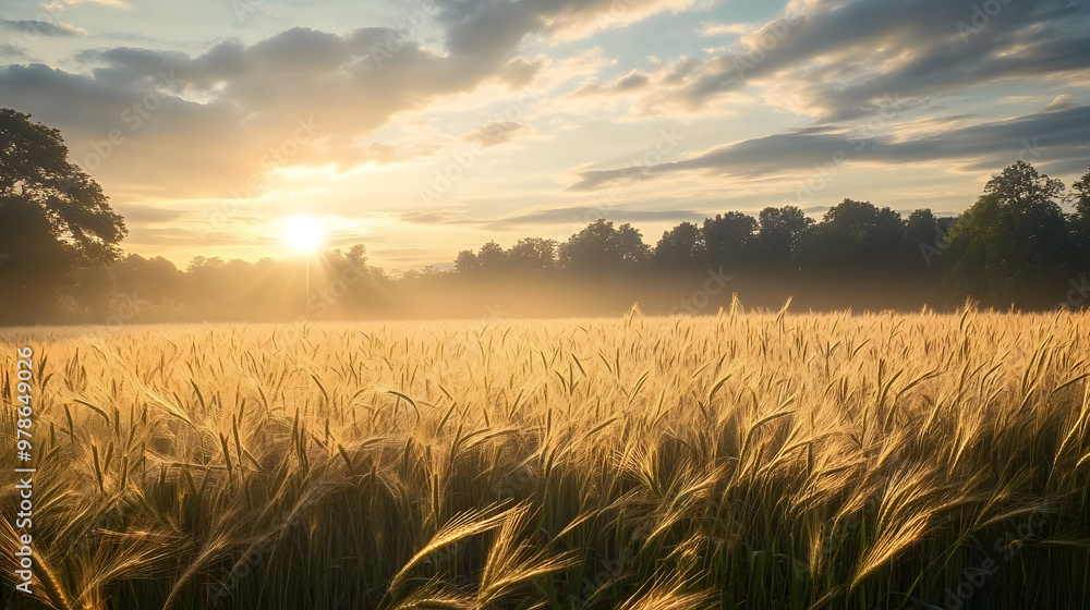 Aufkleber a field of tall grass with the sun shining through the clouds over the trees on the other side of th