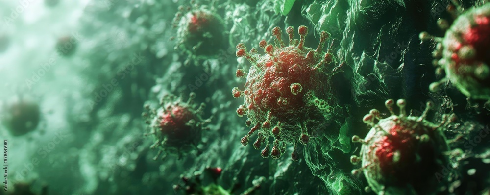 Poster close-up view of virus particles in a digital representation, showcasing intricate details and vibra
