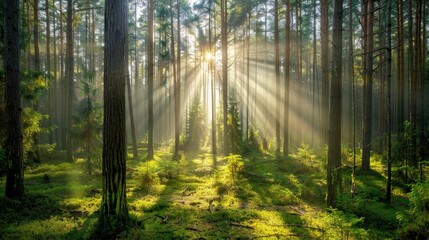 Obraz premium Dense forest with sunlight streaming through the tall trees