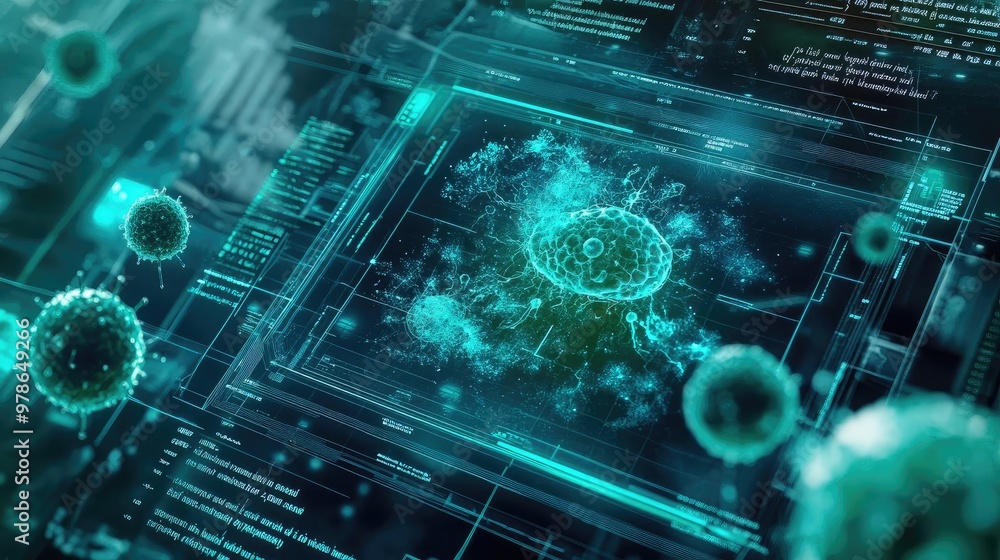 Poster futuristic visualization of a virus in a digital environment, showcasing advanced technology and sci