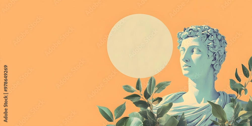 Canvas Prints abstract minimalist art with statue and leaves on an orange background