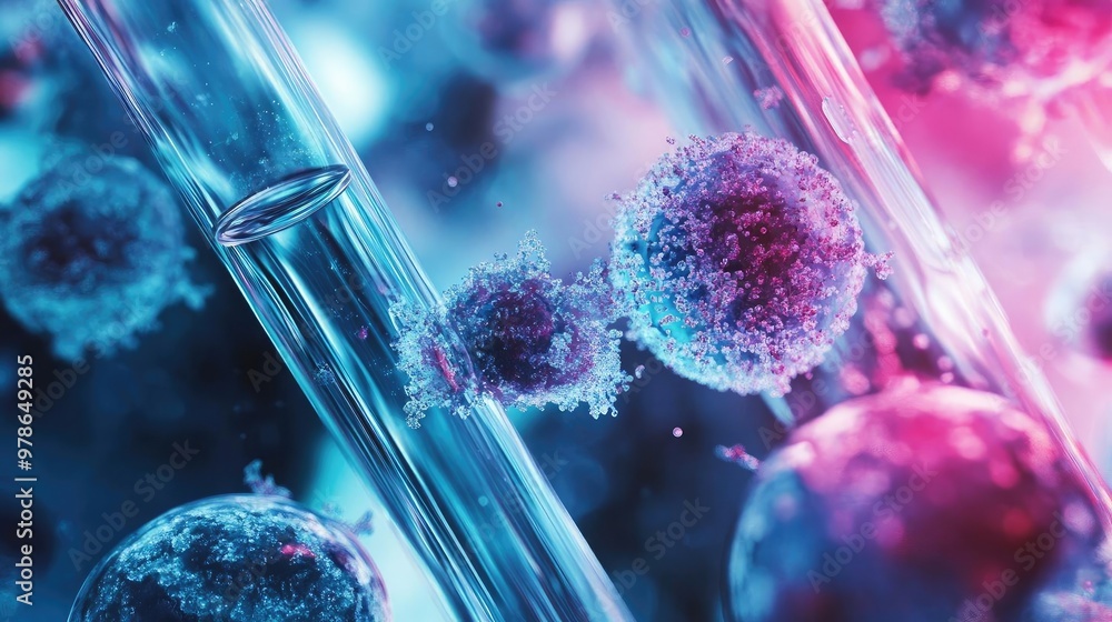 Poster close-up view of colorful microbes under microscope, showcasing cell structure and vibrant details i
