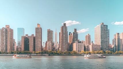 Obraz premium Breathtaking city skyline view with modern buildings and serene water, capturing urban beauty and tranquility in vibrant daylight.