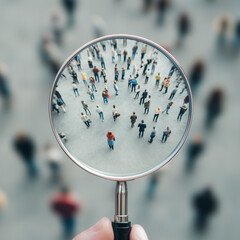 Magnifying glass focused on group of people. Looking for person in crowd. Searching candidate for employment in labor market 