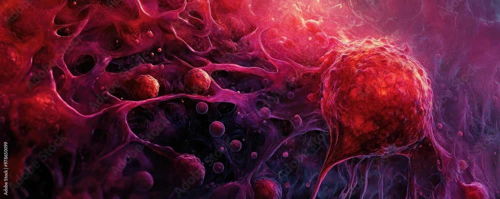 Poster abstract representation of cellular structure with vibrant colors, highlighting intricate details of