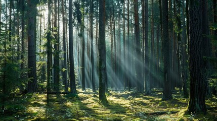 Obraz premium Dense forest with sunlight streaming through the tall trees
