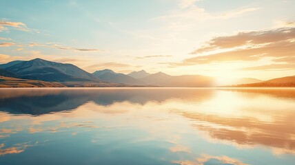 Fototapeta premium Breathtaking sunset over serene lake with mountain reflection, showcasing the beauty of nature and tranquility.