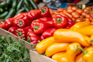 Fresh Red and Yellow Peppers on Display at a Market Stall