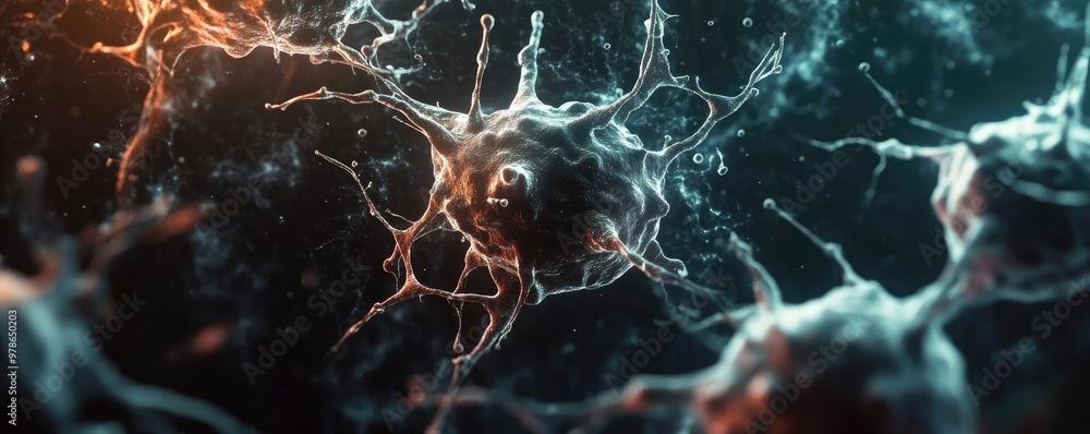 Poster close-up view of neurons in vibrant colors, showcasing intricate details of neural connections and s