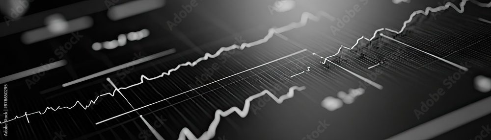 Poster stylish black and white financial graph showing stock trend analysis with sharp lines and reflection