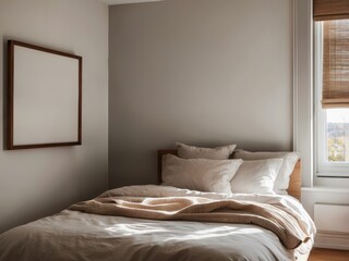 A Minimalist Bedroom with a Large, Blank Picture Frame and a Soft Bed