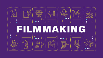 Filmmaking purple word concept. Movie script, screenwriting. Cinematography, television. Horizontal vector image. Headline text surrounded by editable outline icons. Hubot Sans font used
