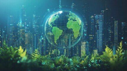 An advanced fintech lab focused on sustainable finance solutions, showcasing AI and blockchain technologies in developing green financial products, high-tech and eco-conscious setting