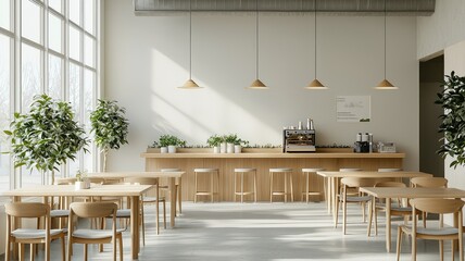 Bright and modern cafe interior featuring wooden furniture, green plants, and a cozy atmosphere for relaxed dining.