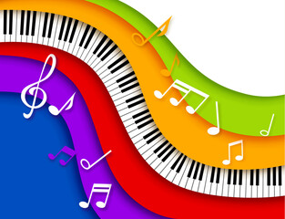 Paper cut music piano. Vibrant background featuring colorful 3d vector papercut waves, musical notes, treble clef and piano keys for concert invitation or classic musical festival performance promo