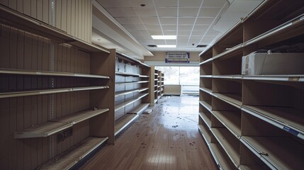 An empty retail store with abandoned shelves and a forlorn atmosphere.Natural lighting enhances the desolate mood, emphasizing the emptiness 