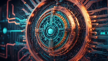 Obraz premium Abstract futuristic machine with a circular, metallic, cog-like design set against a glowing blue and orange background.