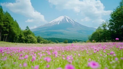 Fototapeta premium Stunning View of Mount Fuji with a Field of Pink Flowers