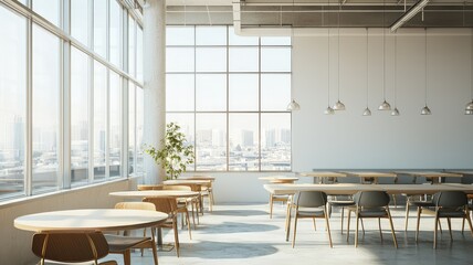Bright and modern office space featuring wooden tables, comfortable chairs, and large windows showcasing a city view.