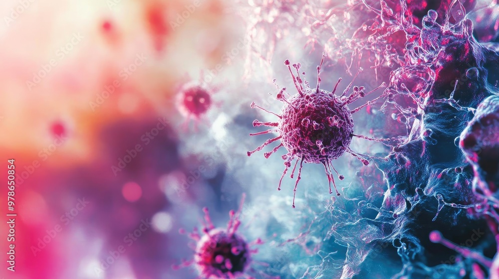 Poster abstract representation of viruses in vibrant colors, showcasing intricate details and a microscopic