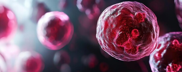 A close-up view of vibrant red cells, showcasing intricate details and structures under dramatic lighting for scientific illustration.