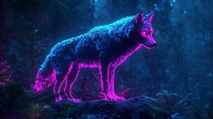 A majestic wolf illuminated by vibrant neon lights, set against an enchanted forest backdrop, exuding mystery and wild beauty. 