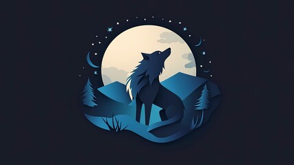 Minimalist papercut design of a wolf howling on a moonlit night