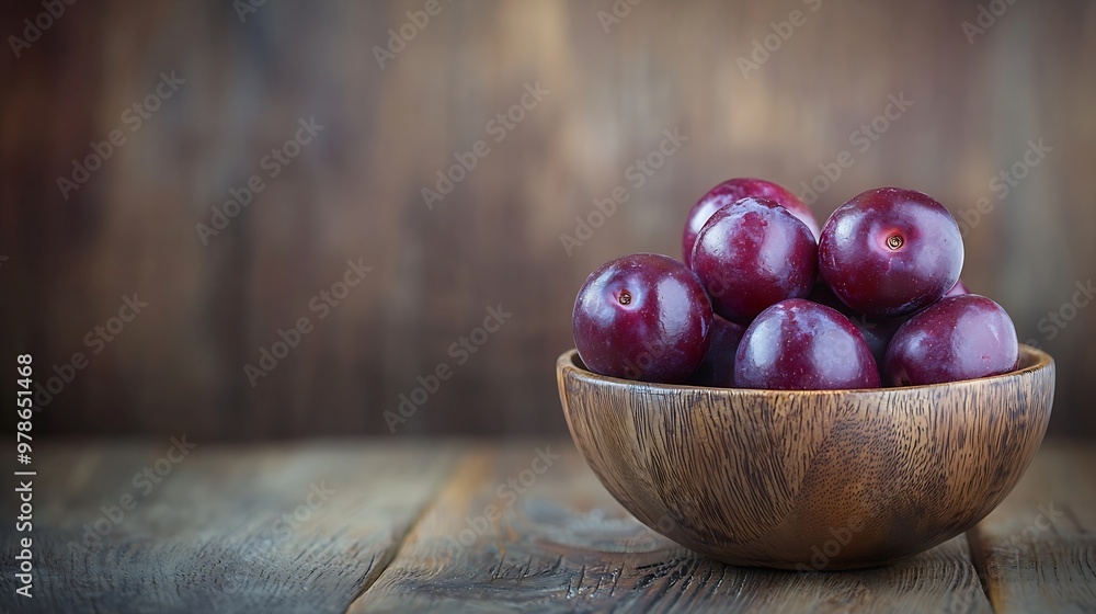 Wall mural ripe fresh plums in a bowl on wooden table : generative ai