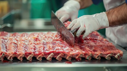 Close-up of a chef skillfully cutting raw meat ribs in a professional kitchen, showcasing preparation techniques and culinary art.