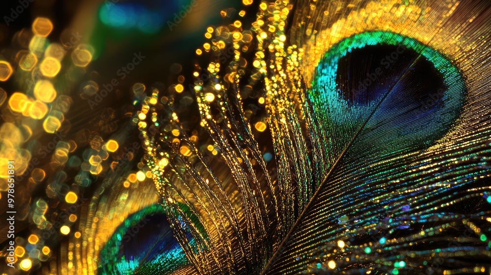 Aufkleber close-up of a vibrant peacock feather showcasing its colorful patterns and shimmering texture, perfe