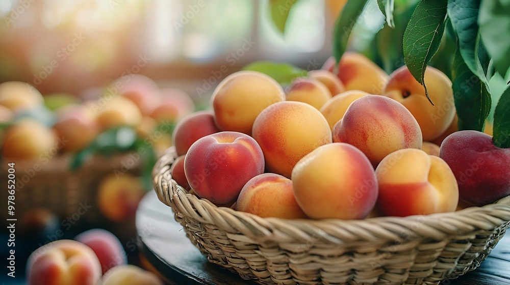 Poster peaches nectarines plums in woven basket on table : generative ai