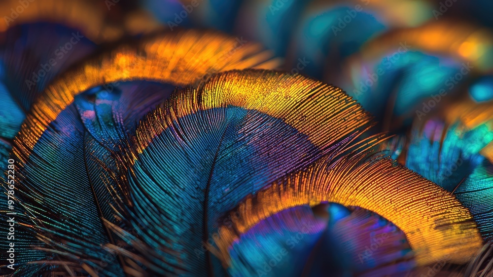 Aufkleber close-up view of colorful peacock feathers displaying vibrant patterns and shimmering hues of blue, 