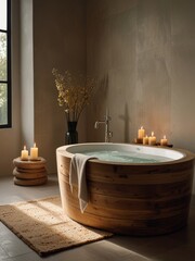 Relaxing Bath with Wooden Tub and Candles