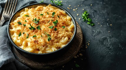Creamy mac and cheese topped with golden breadcrumbs, served in a stylish bowl on a dark rustic surface.