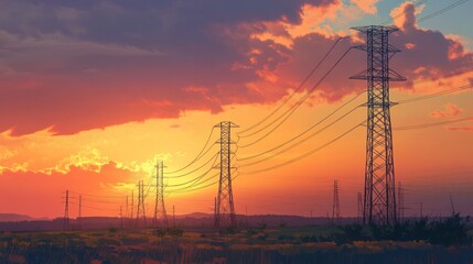 An outdoor scene showing power transmission lines stretching across a rural landscape, sunset in the background,