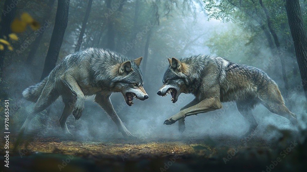 Canvas Prints two fierce wolves confront each other in a dramatic display of power and intensity amidst a misty fo