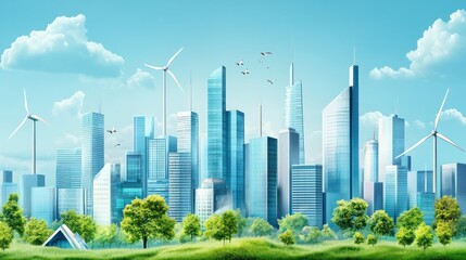 Fototapeta premium An urban cityscape with skyscrapers and wind turbines, showcasing the integration of green finance and renewable energy investments, futuristic and eco-friendly design