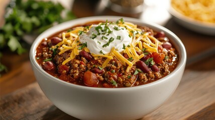 Delicious chili with ground meat, beans, cheese, and sour cream, garnished with herbs, served in a stylish bowl.