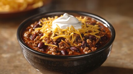 Fototapeta premium Delicious chili topped with cheese and sour cream, perfect for comfort food lovers and hearty meals.