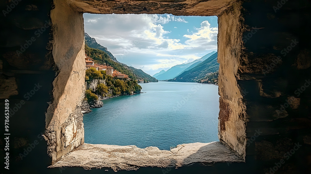 Poster A stunning view of a lake and mountains from a stone building's window