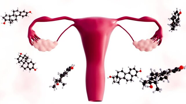 3d animation of a female reproductive system with molecular structures of estradiol, hormones that play a crucial role in female reproductive health.