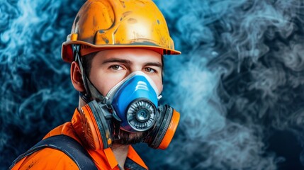 Obraz premium Construction worker in protective dust mask amidst floating glass wool particles on job site