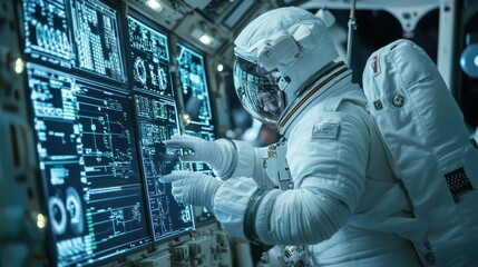 Astrobiology research on the International Space Station, astronauts conducting experiments with organic compounds, digital displays showing complex data
