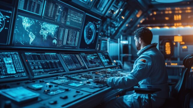 Astronaut training in a high-tech lab, using advanced equipment to prepare for a deep space mission, focused and collaborative environment