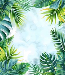 Tropical Green Leaves Watercolor Background