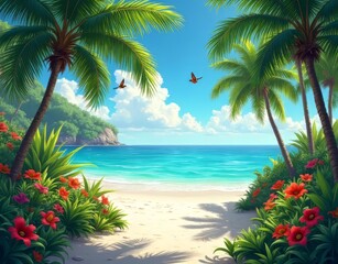 Fototapeta premium Palm-lined beaches and lush gardens in sunny Florida, a tropical paradise.